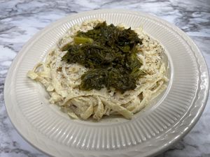 Fettuccine Alfredo with Smoked Kale at The Welcome Table Kitchen & Bakery in Morrison
