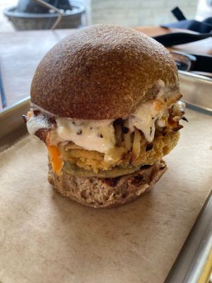 Breakfast sandwich with cashew cheesy sauce, homemade 'sausage', smoked sweet potatoes at LuLu's in Memphis