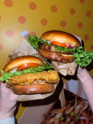 Chik’n sandwich and earth burger  at Earth Burger - Oomi Kitchen  in Dallas