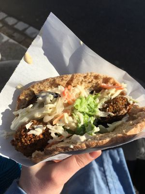 Takeaway falafel and houmous with salad bar at Maoz - Xavier Privas in Paris