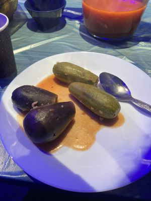 eggplants and zucchini stuffed with rice and pea protein   at haveitvegan in Amman