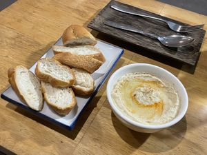 Half bowl of hummus ($2) with bread (50¢)  at The Tajine in Siem Reap