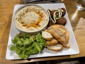 Falafel hummus plate, $6.50. My second time getting this, but it came with about twice as much hummus as the first time, and bread instead of pita bread.  at The Tajine in Siem Reap