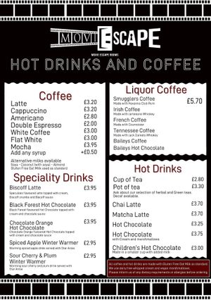 Sample menu 05/25 at moviESCAPE in Stockport