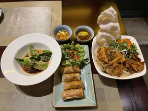 Dumplings, spring rolls, cao lau  at V Vegan in Hoi An