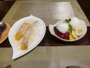 Banana flambé, lemon sorbett  at V Vegan in Hoi An