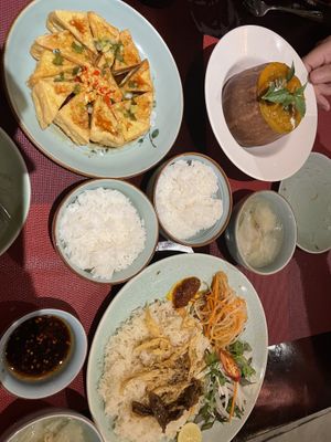 Tofu (entree) pumpkin curry and ‘chicken’ rice (tofu skin)   at V Vegan in Hoi An