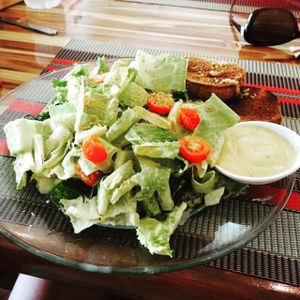 best vegan Caesar salad I've ever had the dressing is to die for! at Vegan Planet in Cancun
