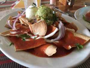 chilaquiles was not good because the red sauce was extremely bland at Vegan Planet in Cancun