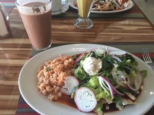 enchiladas and chocolate milkshake  at Vegan Planet in Cancun