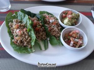Tacos raw - Nuts and seeds mix, wrapped in chard, served with guacamole and pico de gallo (tomato, onion, serrano pepper, and lime). at Vegan Planet in Cancun