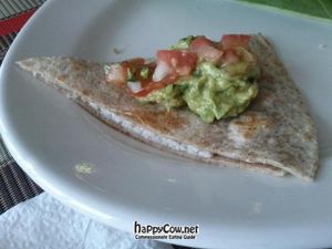 Quesadillas veganas - Whole wheat tortilla, filled with macadamia requeson (similar to cheese), served with guacamole and pico de gallo. at Vegan Planet in Cancun