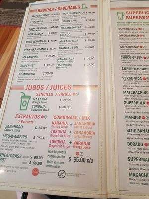 Menu drinks at Vegan Planet in Cancun