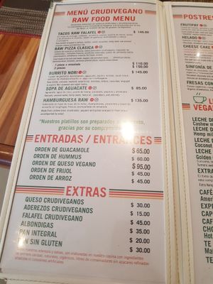 Entrees menu at Vegan Planet in Cancun