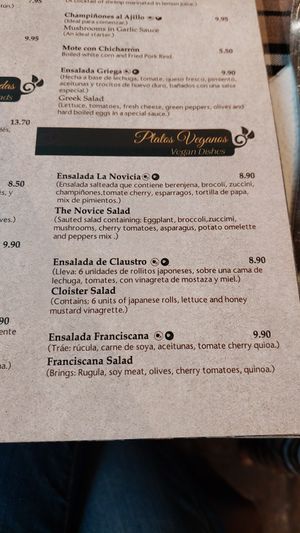 Vegan dishes on the menu at Café del Fraile in Quito