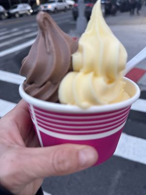 Chocolate and pineapple vegan soft serve! Other flavors available like vanilla and strawberry    at Goodiez in Brooklyn