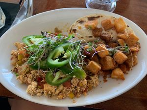 Tofu scramble with potatoes and corn tortillas    at Papa Kona in Kailua Kona
