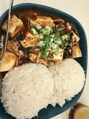Mapo tofu and mushrooms with rice   at Mamahuhu in Mill Valley