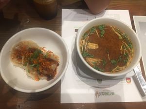 The Badge Dumplings and Chili Mushroom Soup at Beyond Sushi - Union Square in New York City