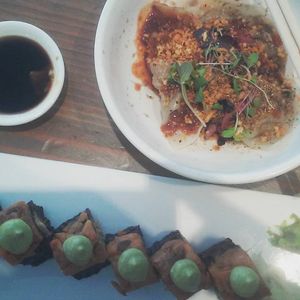 Sunny side sushi roll and Fun Guy dumplings  at Beyond Sushi - Union Square in New York City