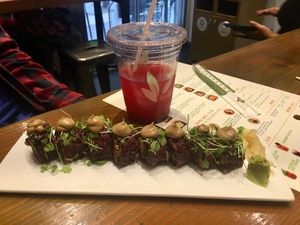 Mushroom sushi and blueberry lemonade  at Beyond Sushi - Union Square in New York City