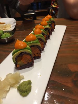 Pickle Me: 
Four-grain rice, pickled burdock root, carrots, pickled daikon, and avocado 
Sauce: Carrot ginger at Beyond Sushi - Union Square in New York City