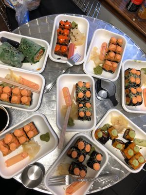 Spicy Mang, sunny side,  and might mushroom + 1 nutty buddy rice paper at Beyond Sushi - Union Square in New York City