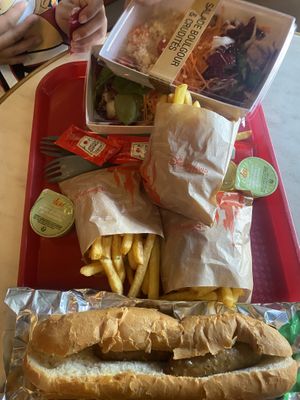 Vegan beyond burger hot dog, 2 vegan salads with legumes and cereals and 2 french fries=37e. It is as bad as you can imagine 😅  at Disneyland - Casey's Corner in Chessy