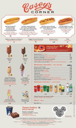 Food menu as of Oct 2024 at Disneyland - Casey's Corner in Chessy
