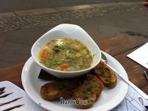 stef of potatoes, leek, carrots and green beans with bread at Wind und Wetter in Berlin