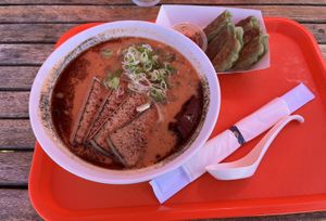 Vegan Spicy Miso Ramen and Veggie Gyoza  at Yugiri Ramen Project in Sanford
