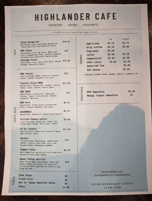 Menu as of 1/2023 at Highlander Café in Lawrence