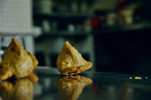 Just a samosa chilling, these are vegetarian! at Maurya's.Rest.Bar.Banquet in Kamloops