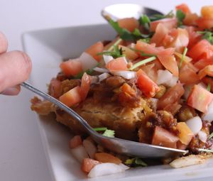 Smashed samosa chaat at Maurya's at Maurya's.Rest.Bar.Banquet in Kamloops