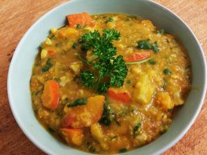 Vegetable Dahl made with fragrant Indian Spices and served with Basmati Rice at Doggone Vegan in Huntsville