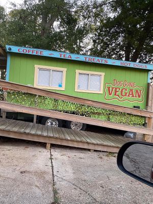 Can’t miss us - bright green truck with beautiful plant filled deck  at Doggone Vegan in Huntsville