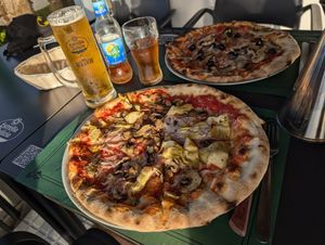 'Quattro stagioni'  and 'Napoli' (without meat) with vegan cheese at Pizzeria Mezzaluna in Lanzarote