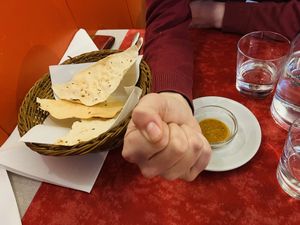 Lentil bread. (epix) Fist (of destiny). Epic spicy sauce.  at Himalaya Kök och Bar in Gothenburg