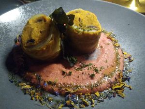 Cabbage roulades on hummus at Linde Restaurant in Heidelberg