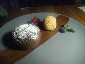 Chocolate tarte with caramel ice (not vegan, vegetarian) at Linde Restaurant in Heidelberg