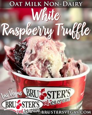 Fresh-made with creamy Vanilla Oat Milk ice cream, ribbons of sweet & tart Raspberry, and crunchy Vegan chocolate flakes. at Bruster's Real Ice Cream in Las Vegas