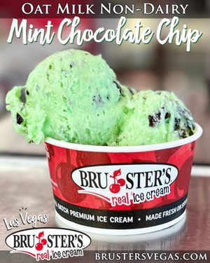 Our fresh Mint ice cream made with creamy Oat Milk and crunchy Vegan Chocolate Flakes. at Bruster's Real Ice Cream in Las Vegas