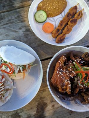 satay sticks, Korean fried mushrooms, chick'n bao at Purple Rabbit Food Truck in Ascot Vale