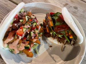 “Peking” bao and “prawn” bao  at Purple Rabbit Food Truck in Ascot Vale