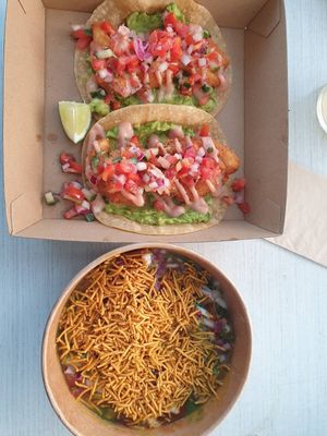 Prawn tacos $15.00, Samosa Chaat $13.50 at Purple Rabbit Food Truck in Ascot Vale