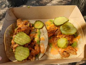Mushroom tacos: good but wish the mushrooms had more substance to them, they were oyster but gave enoki vibes (all crunch, no "meat"), nice pickles (more sweet than sour) at Purple Rabbit Food Truck in Ascot Vale