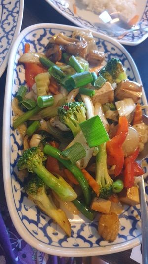 Basil chilli stirfry tofu & veg at My Thai Restaurant in Gisborne