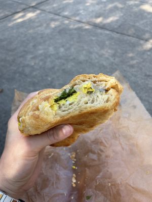 The breakfast sandwich on a croissant at Happy Chicks Bakery in Cincinnati