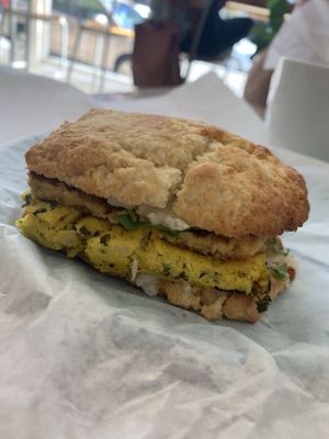 Breakfast sandwich with goetta  at Happy Chicks Bakery in Cincinnati