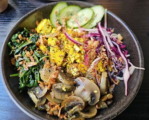 Rice bowl at Lucky Cat Boba in Middlesbrough